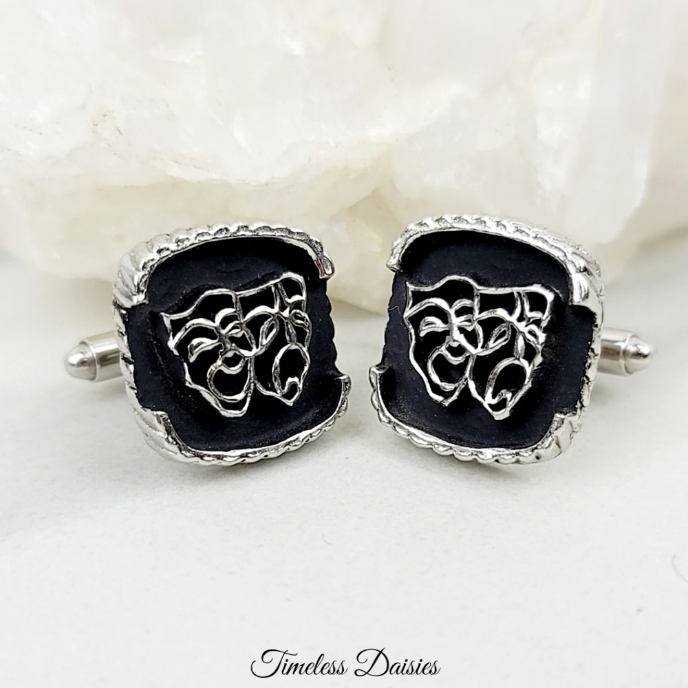 •SOLD• Vintage Cuff Links Comedy Tragedy Theater Mask Black Silver Business